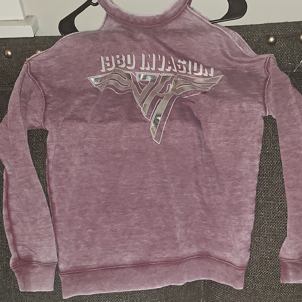 Van Halen Graphic Silver Metallic And Purple Cold Shoulder Sweatshirt